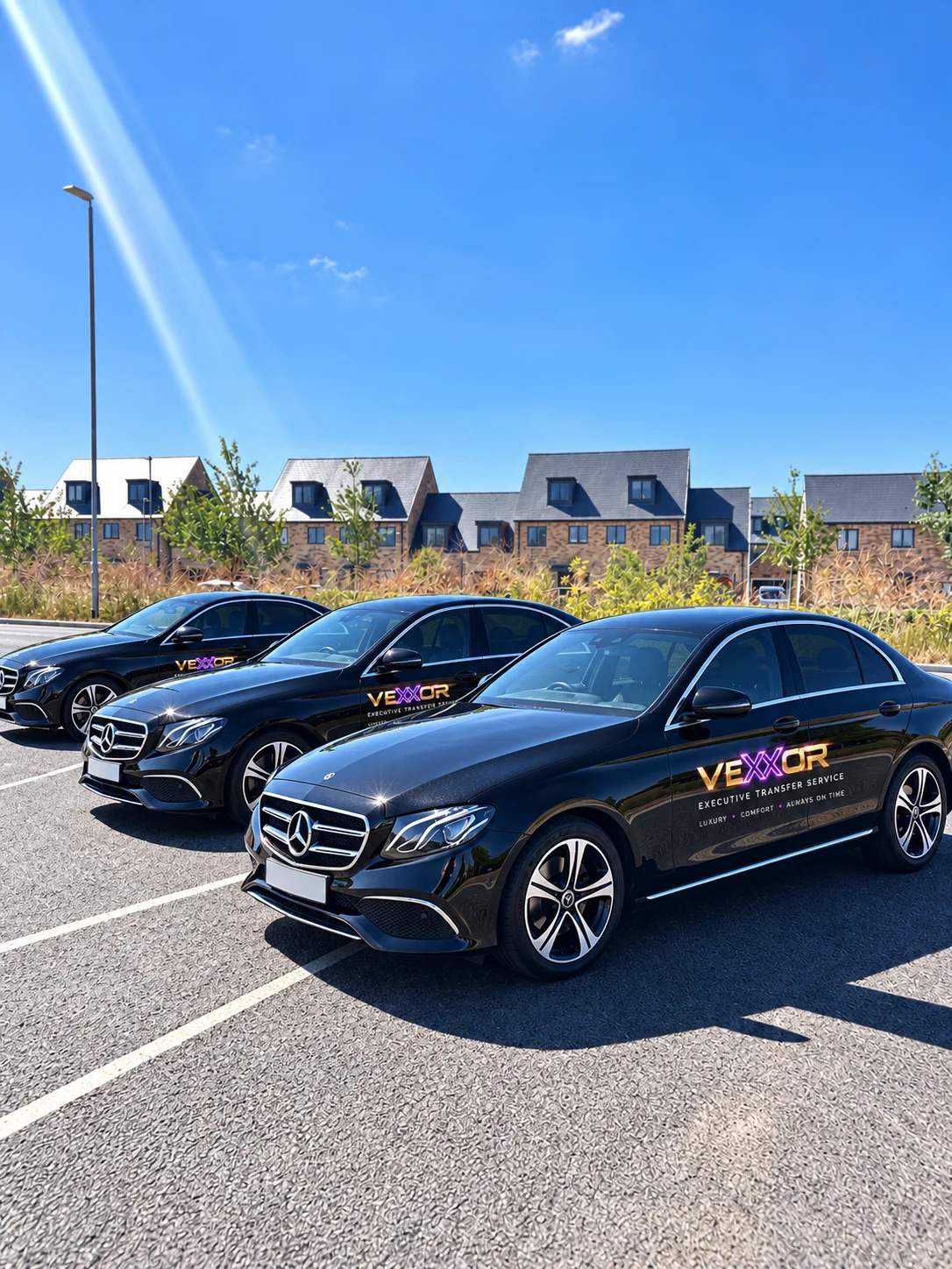 Three black VEXXOR Mercedes-Benz E-Class executive cars